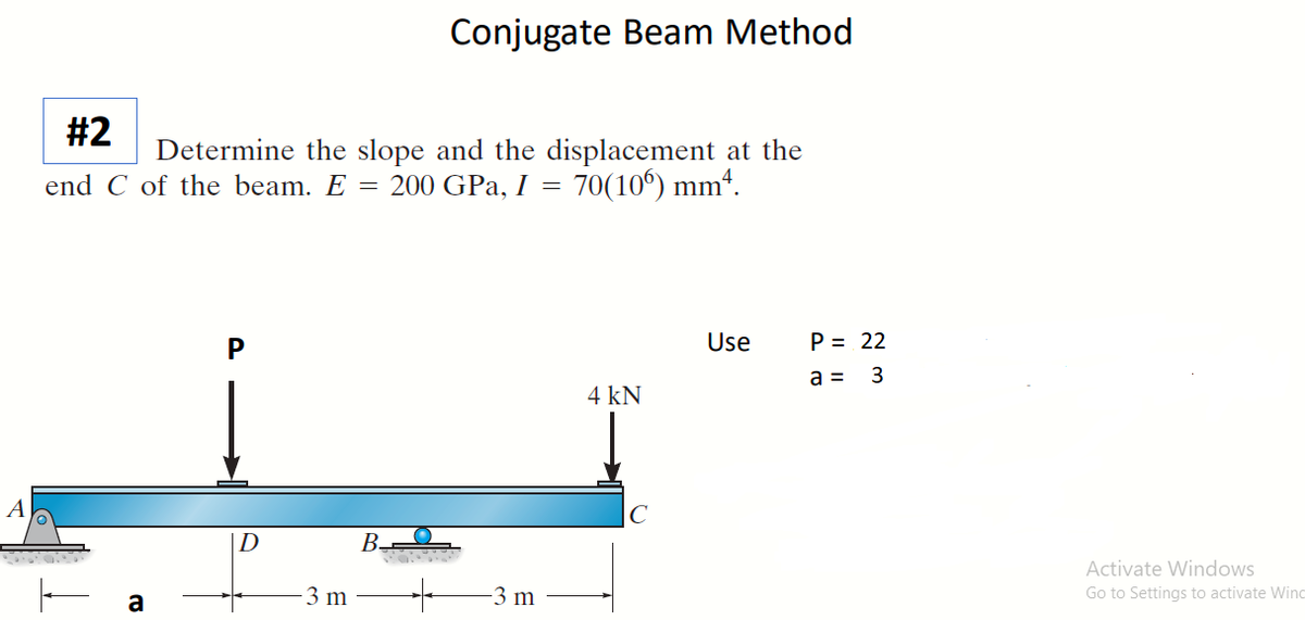 A
#2
end C of the beam. E
a
Determine the slope and the displacement at the
200 GPa, I = 70(106) mm².
P
D
-3 m
=
Conjugate Beam Method
B.
-3 m
4 kN
Use
~
P = 22
a =
3
Activate Windows
Go to Settings to activate Winc