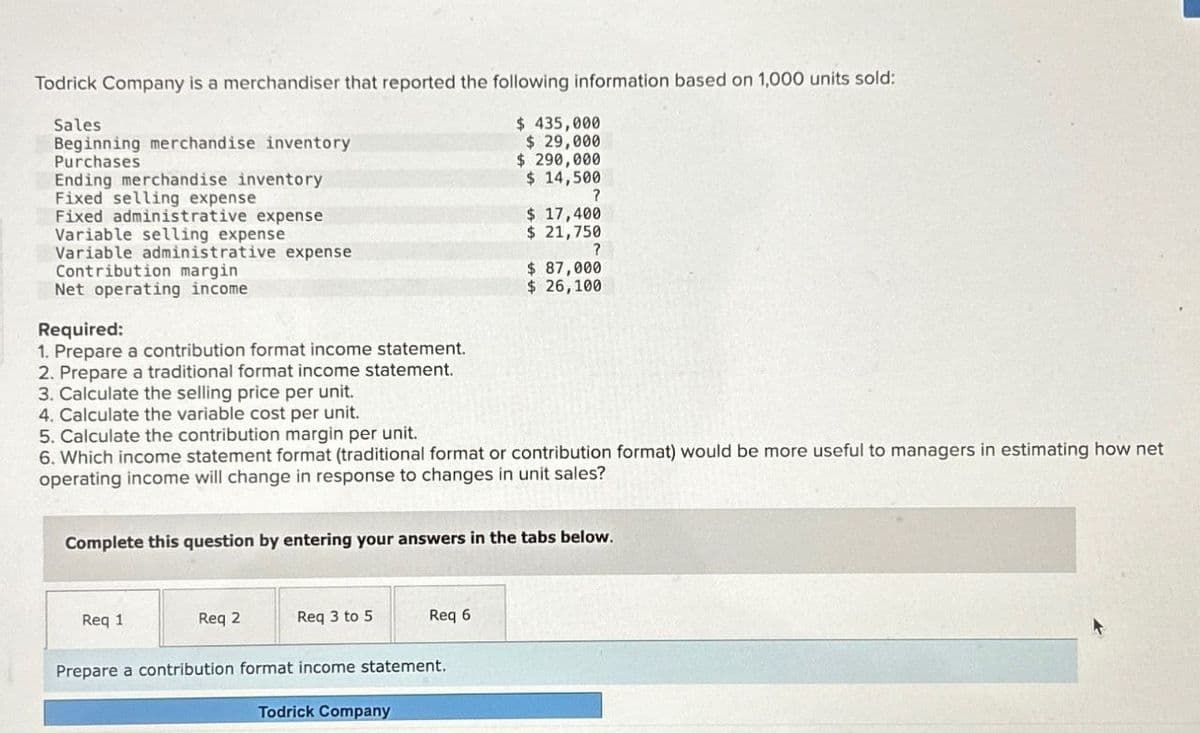 Todrick Company is a merchandiser that reported the following information based on 1,000 units sold:
Sales
Beginning merchandise inventory
Purchases
Ending merchandise inventory
Fixed selling expense
Fixed administrative expense
Variable selling expense
Variable administrative expense
Contribution margin
Net operating income
Required:
1. Prepare a contribution format income statement.
2. Prepare a traditional format income statement.
3. Calculate the selling price per unit.
4. Calculate the variable cost per unit.
5. Calculate the contribution margin per unit.
$ 435,000
$ 29,000
$ 290,000
$ 14,500
?
$ 17,400
$ 21,750
?
$ 87,000
$ 26,100
6. Which income statement format (traditional format or contribution format) would be more useful to managers in estimating how net
operating income will change in response to changes in unit sales?
Complete this question by entering your answers in the tabs below.
Req 1
Req 2
Req 3 to 5
Req 6
Prepare a contribution format income statement.
Todrick Company