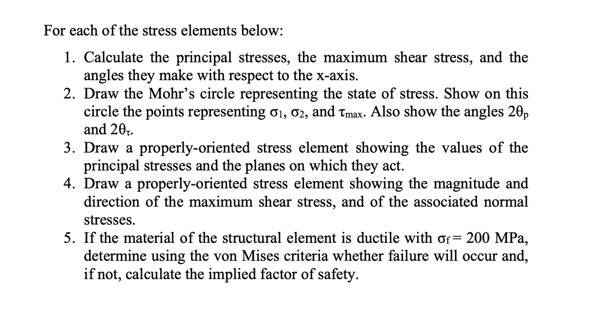 For each of the stress elements below:
1. Calculate the principal stresses, the maximum shear stress, and the
angles they make with respect to the x-axis.
2. Draw the Mohr's circle representing the state of stress. Show on this
circle the points representing 01, 02, and Tmax. Also show the angles 20p
and 20T.
3. Draw a properly-oriented stress element showing the values of the
principal stresses and the planes on which they act.
4. Draw a properly-oriented stress element showing the magnitude and
direction of the maximum shear stress, and of the associated normal
stresses.
5. If the material of the structural element is ductile with of = 200 MPa,
determine using the von Mises criteria whether failure will occur and,
if not, calculate the implied factor of safety.