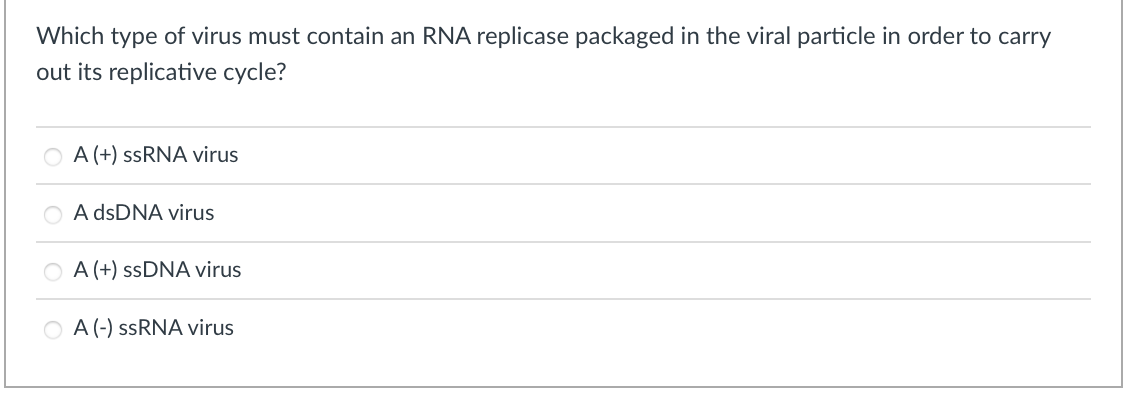 Which type of virus must contain an RNA replicase packaged in the viral particle in order to carry
out its replicative cycle?
A (+) ssRNA virus
O A dsDNA virus
A (+) ssDNA virus
OA (-) ssRNA virus