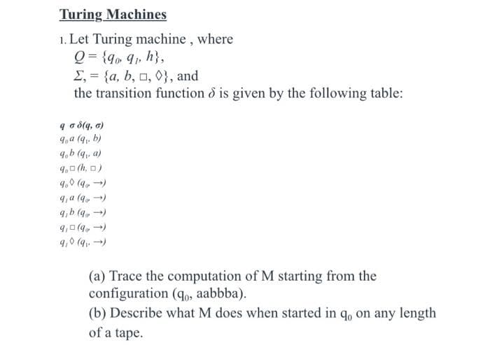 Turing Machines
1. Let Turing machine, where
Q = {q, 9, h},
E, = {a, b, o, 0}, and
the transition function & is given by the following table:
q o d(q, a)
9,a (q, b)
q,b (q, a)
4,0 (h, D)
4.0 (q, -)
9,a (q, -)
9,b (q,-)
9,0 (9,-)
9,0 (9 -)
(a) Trace the computation of M starting from the
configuration (qo, aabbba).
(b) Describe what M does when started in q, on any length
of a tape.
