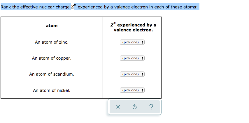 Rank the effective nuclear charge Z* experienced by a valence electron in each of these atoms:
z* experienced by a
valence electron.
atom
An atom of zinc.
(pick one) :
An atom of copper.
(pick one) :
An atom of scandium.
(pick one) :
An atom of nickel.
(pick one) :
