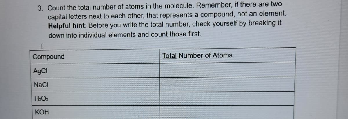 3. Count the total number of atoms in the molecule. Remember, if there are two
capital letters next to each other, that represents a compound, not an element.
Helpful hint: Before you write the total number, check yourself by breaking it
down into individual elements and count those first.
Compound
Total Number of Atoms
AgCl
NaCI
H2O2
КОН
