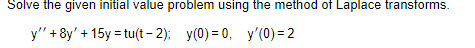 Solve the given initial value problem using the method of Laplace transforms.
y'' + 8y' + 15y = tu(t-2); y(0) = 0, y'(0)=2