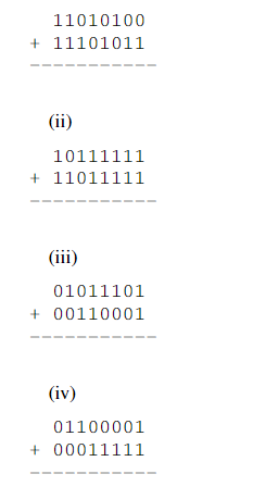 11010100
+ 11101011
(ii)
10111111
+ 11011111
(iii)
01011101
+00110001
(iv)
01100001
+00011111