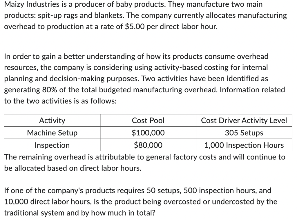 Maizy Industries is a producer of baby products. They manufacture two main
products: spit-up rags and blankets. The company currently allocates manufacturing
overhead to production at a rate of $5.00 per direct labor hour.
In order to gain a better understanding of how its products consume overhead
resources, the company is considering using activity-based costing for internal
planning and decision-making purposes. Two activities have been identified as
generating 80% of the total budgeted manufacturing overhead. Information related
to the two activities is as follows:
Activity
Machine Setup
Inspection
Cost Pool
$100,000
$80,000
Cost Driver Activity Level
305 Setups
1,000 Inspection Hours
The remaining overhead is attributable to general factory costs and will continue to
be allocated based on direct labor hours.
If one of the company's products requires 50 setups, 500 inspection hours, and
10,000 direct labor hours, is the product being overcosted or undercosted by the
traditional system and by how much in total?