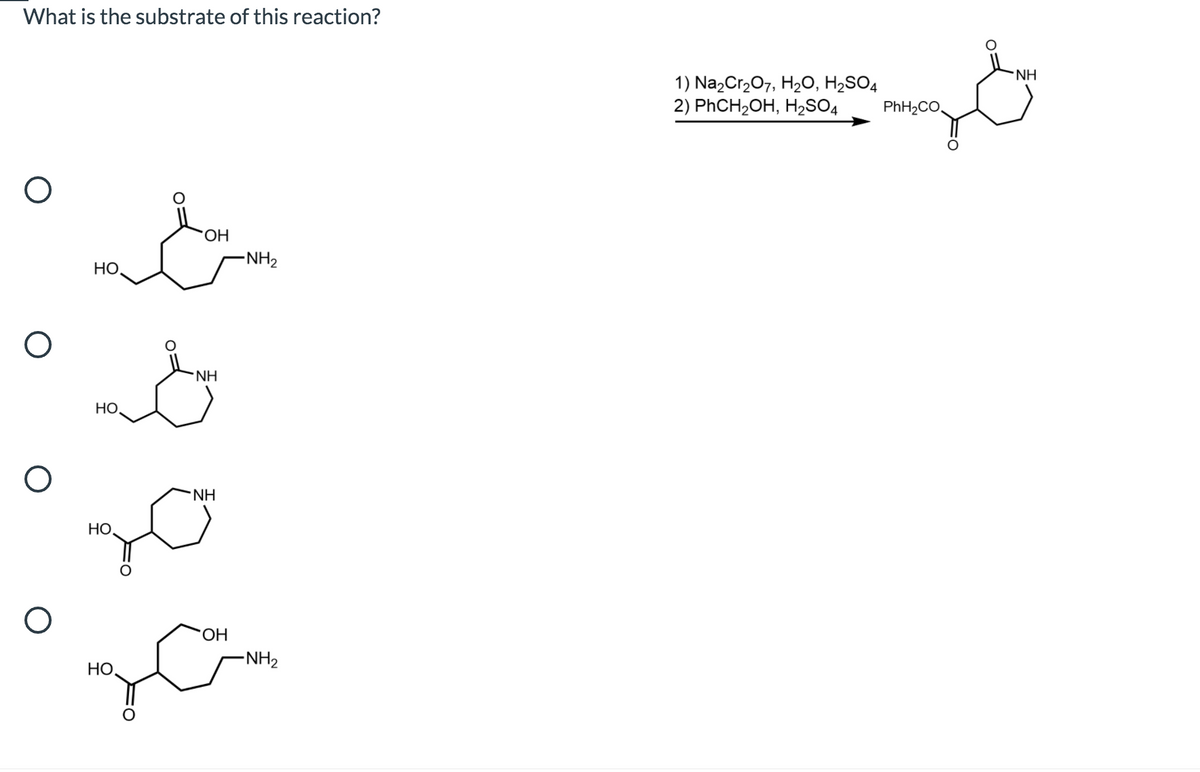 What is the substrate of this reaction?
NH
1) Na2Cr207, H2O, H2SO4
2) PHCH2OH, H2SO4
PhH2CO,
HO.
-NH2
НО
NH
HO,
NH
НО
HO.
-NH2
HO,
