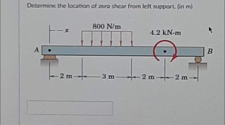 Determine the location of zero shear from left support (in m)
800 N/m
4.2 kN-m
A.
2 m-
3 m -2 n 2 m-
