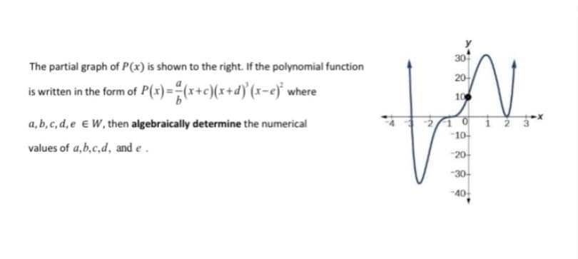 30
The partial graph of P(x) is shown to the right. If the polynomial function
20아
is written in the form of P(x)="(x+c)(x+d} (1-e where
10
a, b, c, d, e e W, then algebraically determine the numerical
-21 0
10-
values of a,b,c,d, and e .
-20-
-30-
-40
