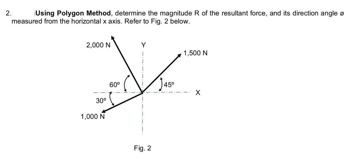 2.
Using Polygon Method, determine the magnitude R of the resultant force, and its direction angle ø
measured from the horizontal x axis. Refer to Fig. 2 below.
2,000 N
Y
1,500 N
60°
45°
30°
1,000 N
Fig. 2
