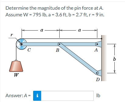 **Problem Statement:** 

Determine the magnitude of the pin force at A.

Given parameters:
- Weight (W) = 795 lb
- Distance a = 3.6 ft
- Distance b = 2.7 ft
- Radius (r) = 9 in.

**Diagram Explanation:**

The diagram depicts a mechanical system involving a weight (W) hanging from a pulley at point C. The pulley has a radius (r). The system consists of several points: C, B, A, and D, connected by rigid members. Point B and D are connected by a slanted bar, and D is attached to a vertical wall. The horizontal bar runs from point C to the point on the wall where it is connected at B. The bar is split into three sections:
- Distance between C and A is denoted by 'a'
- Distance between A and B is also denoted by 'a'
- Vertical distance between B and D is denoted by 'b'

**Objective:** 

Calculate the force at point A using the provided parameters.

**Solution Input Box:** 

An input box is provided for students to input their answer in pounds (lb).

---

Answer: \( A = \_\_\_\_ \text{lb} \)

---

This problem involves understanding equilibrium conditions and mechanical forces within the system.