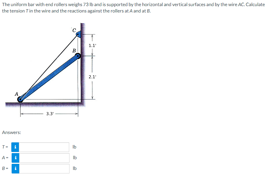 The uniform bar with end rollers weighs 73 lb and is supported by the horizontal and vertical surfaces and by the wire AC. Calculate
the tension T in the wire and the reactions against the rollers at A and at B.
A
Answers:
T=
A =
B =
3.3'
C
1.1'
B
i
lb
i
lb
lb
2.1'