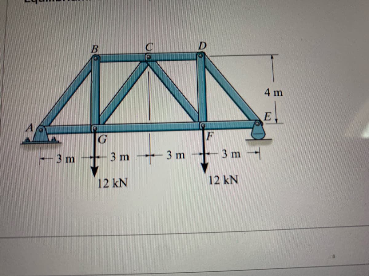 ### Structural Truss Analysis

The diagram represents a truss structure, which is a common component in engineering, particularly in bridges and roof supports. Below is a detailed breakdown of the components and forces depicted in the image.

#### Components:

- **Nodes (Joints)**: 
  - A, B, C, D, E, F, G
- **Members (Bars)**:
  - Eight distinct members connecting the nodes in a triangular and rectangular configuration.

#### Dimensions:

- The span from **A to G**, **G to F**, and **F to E** is **3 meters** each.
- The height from the base line connecting **A-E** to point **D** is **4 meters**.

#### Forces:

- There is a downward force of **12 kN** acting at point **G**.
- There is another downward force of **12 kN** acting at point **F**.

#### Explanation of the Diagram:

The truss structure is supported at points **A** and **E**. The internal members and joints form triangular sections, providing stability and distributing the applied forces effectively throughout the structure. The vertical members stand perpendicular to the base, while diagonal members connect to enhance structural integrity against the applied load.

- At joint **G**, a vertical load of **12 kN** is applied.
- Similarly, a vertical load of **12 kN** is applied at joint **F**.
- The distance between the loading points (G, F) and the supports (A, E) ensures that the load is evenly distributed.

The symmetry of the structure suggests it is designed to evenly distribute the loads and counteract bending moments due to the downward forces. Understanding the forces and structure illustrated in this diagram is crucial for solving equilibrium problems in statics and structural engineering.