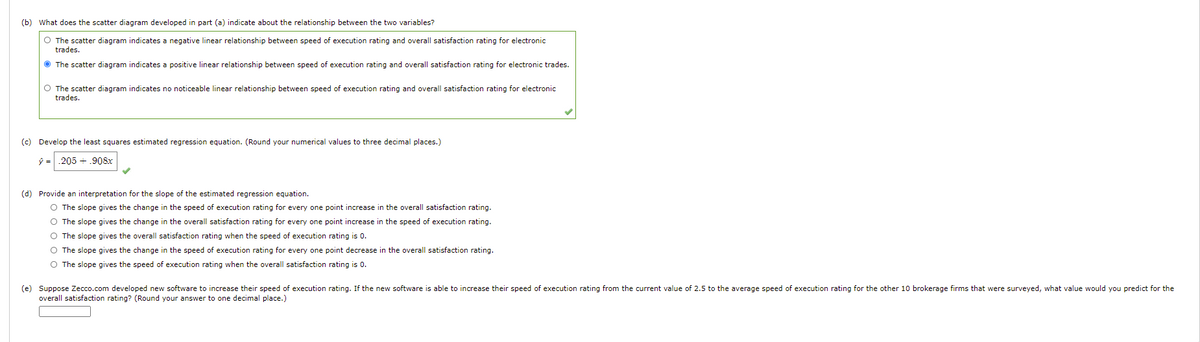 (b) What does the scatter diagram developed in part (a) indicate about the relationship between the two variables?
O The scatter diagram indicates a negative linear relationship between speed of execution rating and overall satisfaction rating for electronic
trades.
O The scatter diagram indicates a positive linear relationship between speed of execution rating and overall satisfaction rating for electronic trades.
O The scatter diagram indicates no noticeable linear relationship between speed of execution rating and overall satisfaction rating for electronic
trades.
(c) Develop the least squares estimated regression equation. (Round your numerical values to three decimal places.)
.205 +.908x
(d) Provide an interpretation for the slope of the estimated regression equation.
O The slope gives the change in the speed of execution rating for every one point increase in the overall satisfaction rating.
O The slope gives the change in the overall satisfaction rating for every one point increase in the speed of execution rating.
O The slope gives the overall satisfaction rating when the speed of execution rating is 0.
O The slope gives the change in the speed of execution rating for every one point decrease in the overall satisfaction rating.
O The slope gives the speed of execution rating when the overall satisfaction rating is 0.
(e) Suppose Zecco.com developed new software to increase their speed of execution rating. If the new software is able to increase their speed of execution rating from the current value of 2.5 to the average speed of execution rating for the other 10 brokerage firms that were surveyed, what value would you predict for the
overall satisfaction rating? (Round your answer to one decimal place.)
