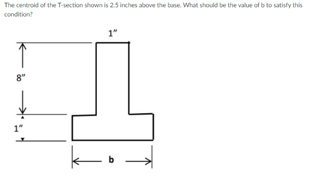 The centroid of the T-section shown is 2.5 inches above the base. What should be the value of b to satisfy this
condition?
1"
8"
1"
b
