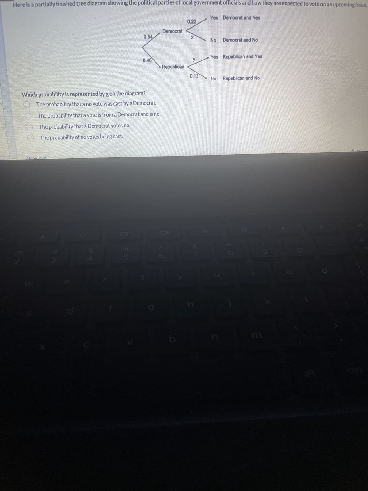 Here is a partially finished tree diagram showing the political parties of local government officials and how they are expected to vote on an upcoming issue.
DrevinLIC
Which probability is represented by x on the diagram?
The probability that a no vote was cast by a Democrat.
The probability that a vote is from a Democrat and is no.
The probability that a Democrat votes no.
The probability of no votes being cast.
#m
DLA
0.54
S80
0.46
Democrat
Republican
0.22
y
0.12
V20
Yes Democrat and Yes
No Democrat and No
Yes Republican and Yes
No Republican and No
E
Novt