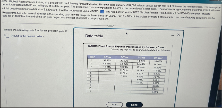 NPV. Miglietti Restaurants is looking at a project with the following forecasted sales: first-year sales quantity of 34,000, with an annual growth rate of 4.00% over the next ten years. The sales price
per unit will start at $45.00 and will grow at 2.00% per year. The production costs are expected to be 55% of the current year's sales price. The manufacturing equipment to aid this project will have
a total cost (including installation) of $2,400,000. It will be depreciated using MACRS, B, and has a seven-year MACRS life classification. Fixed costs will be $360,000 per year. Miglietti
Restaurants has a tax rate of 35% What is the operating cash flow for this project over these ten years? Find the NPV of the project for Miglietti Restaurants if the manufacturing equipment can be
sold for $140,000 at the end of the ten-year project and the cost of capital for this project is 7%.
What is the operating cash flow for this project in year 1?
Data table
(Round to the nearest dollar.)
MACRS Fixed Annual Expense Percentages by Recovery Class
Click on this icon to download the data from this table
Year
3-Year
5-Year
7-Year
10-Year
1
33.33%
20.00%
14.29%
10.00%
2
44.45%
32.00%
24.49%
18.00%
3
14.81%
19.20%
17.49%
14.40%
4
7.41%
11.52%
12.49%
11.52%
5
11.52%
8.93%
9.22%
6
5.76%
8.93%
7.37%
7
8.93%
6.55%
8
4.45%
6.55%
9
6.55%
10
6.55%
11
3.28%
Print
Done
- X