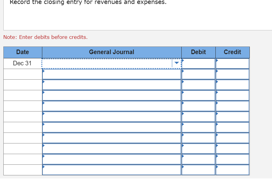 Record the closing entry for revenues and expenses.
Note: Enter debits before credits.
Date
General Journal
Debit
Credit
Dec 31
