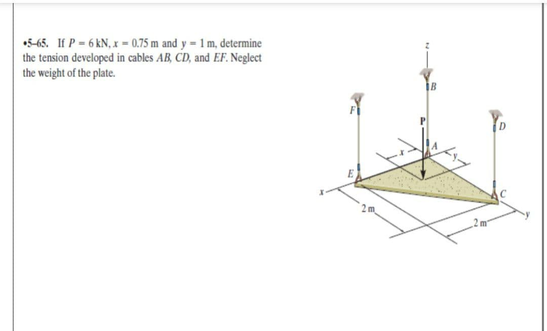 •5-65. If P = 6 kN, x = 0.75 m and y = 1m, determine
the tension developed in cables AB, CD, and EF. Neglect
the weight of the plate.
İB
D
E
2 m
2 m
