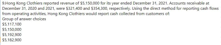 9.Hong Kong Clothiers reported revenue of $5,150,000 for its year ended December 31, 2021. Accounts receivable at
December 31, 2020 and 2021, were $321,400 and $354,300, respectively. Using the direct method for reporting cash flows
from operating activities, Hong Kong Clothiers would report cash collected from customers of:
Group of answer choices
$5,117,100
$5,150,000
$5,192,900
$5,182,900
