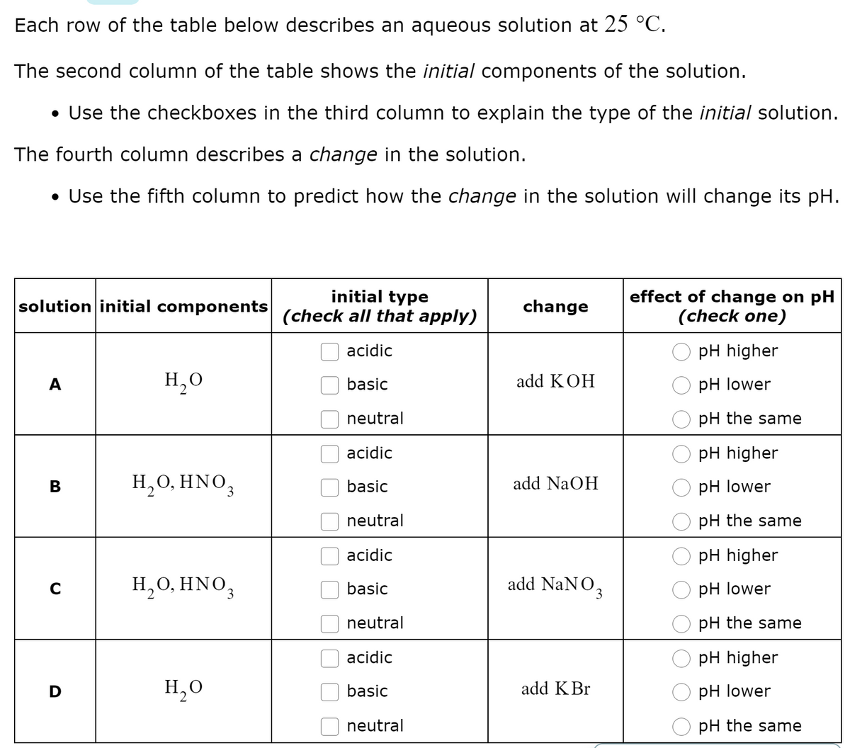 Each row of the table below describes an aqueous solution at 25 °C.
The second column of the table shows the initial components of the solution.
• Use the checkboxes in the third column to explain the type of the initial solution.
The fourth column describes a change in the solution.
• Use the fifth column to predict how the change in the solution will change its pH.
initial type
(check all that apply)
effect of change on pH
(check one)
solution initial components
change
acidic
pH higher
A
H,0
basic
add KOH
pH lower
neutral
pH the same
acidic
pH higher
H,0, HNO,
add NaOH
В
basic
pH lower
neutral
pH the same
acidic
pH higher
H,0, HNO,
add NaNO,
basic
pH lower
neutral
pH the same
acidic
pH higher
H,O
basic
add KBr
рH lower
neutral
pH the same
O000 00 O O
