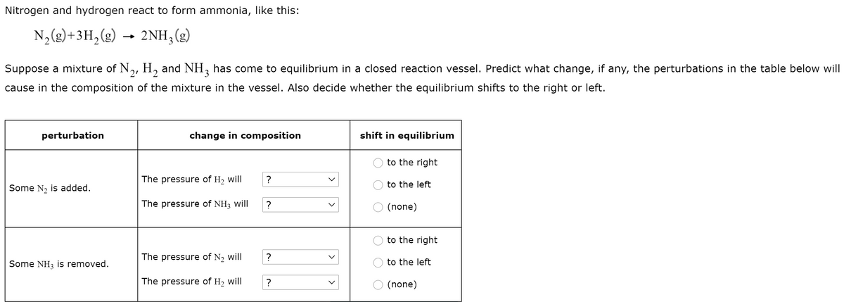 Nitrogen and hydrogen react to form ammonia, like this:
N,(g)+3H,(g) → 2NH;(g)
Suppose a mixture of N,,
H, and NH, has come to equilibrium in a closed reaction vessel. Predict what change, if any, the perturbations in the table below will
cause in the composition of the mixture in the vessel. Also decide whether the equilibrium shifts to the right or left.
perturbation
change in composition
shift in equilibrium
to the right
The pressure of H2 will
to the left
Some N, is added.
The pressure of NH3 will
?
O (none)
to the right
The pressure of N2 will
?
Some NH3 is removed.
to the left
The pressure of H2 will
(none)
