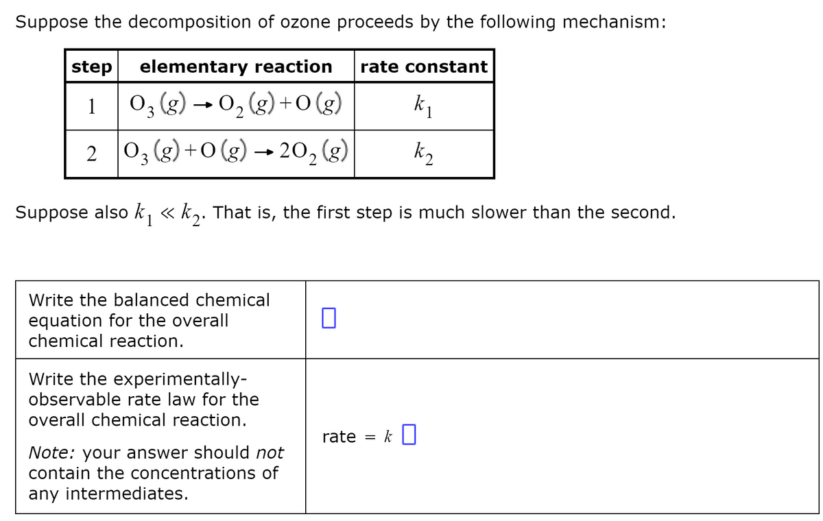 Suppose the decomposition of ozone proceeds by the following mechanism:
step
elementary reaction
rate constant
0; (g) → 0, (g) +0 (g)
g) +0(g)
1
3.
2 0, (g) +0 (g) → 20, (g)
Suppose also k, « k,. That is, the first step is much slower than the second.
Write the balanced chemical
equation for the overall
chemical reaction.
Write the experimentally-
observable rate law for the
overall chemical reaction.
rate
Note: your answer should not
contain the concentrations of
any intermediates.
