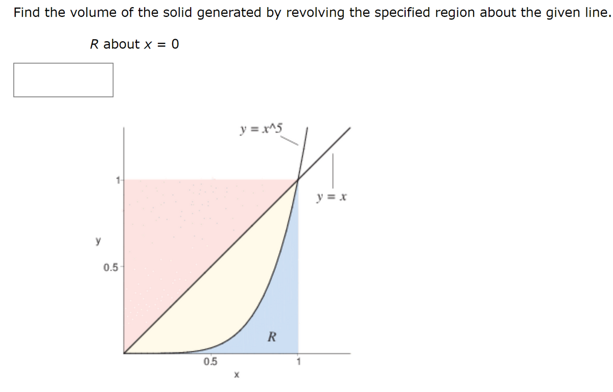 Find the volume of the solid generated by revolving the specified region about the given line.
R about x =
y = x^5
y = x
y
0.5
R
0.5
1
