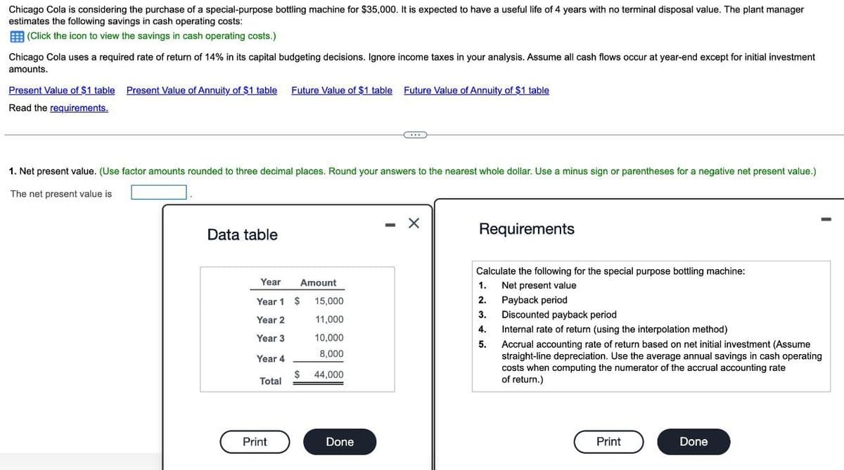 Chicago Cola is considering the purchase of a special-purpose bottling machine for $35,000. It is expected to have a useful life of 4 years with no terminal disposal value. The plant manager
estimates the following savings in cash operating costs:
(Click the icon to view the savings in cash operating costs.)
Chicago Cola uses a required rate of return of 14% in its capital budgeting decisions. Ignore income taxes in your analysis. Assume all cash flows occur at year-end except for initial investment
amounts.
Present Value of $1 table Present Value of Annuity of $1 table Future Value of $1 table Future Value of Annuity of $1 table
Read the requirements.
1. Net present value. (Use factor amounts rounded to three decimal places. Round your answers to the nearest whole dollar. Use a minus sign or parentheses for a negative net present value.)
The net present value is
Data table
Requirements
Calculate the following for the special purpose bottling machine:
Year
Amount
1.
Net present value
Year 1 $
15,000
2.
3.
Payback period
Discounted payback period
Year 2
11,000
4.
Internal rate of return (using the interpolation method)
Year 3
10,000
5.
8,000
Year 4
$
44,000
Total
Accrual accounting rate of return based on net initial investment (Assume
straight-line depreciation. Use the average annual savings in cash operating
costs when computing the numerator of the accrual accounting rate
of return.)
Print
Done
Print
Done