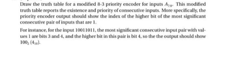 Draw the truth table for a modified 8-3 priority encoder for inputs Ag. This modified
truth table reports the existence and priority of consecutive inputs. More specifically, the
priority encoder output should show the index of the higher bit of the most significant
consecutive pair of inputs that are 1.
For instance, for the input 10011011, the most significant consecutive input pair with val-
ues 1 are bits 3 and 4, and the higher bit in this pair is bit 4, so the the output should show
100, (410).
