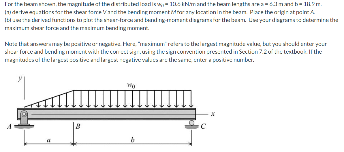 For the beam shown, the magnitude of the distributed load is wo = 10.6 kN/m and the beam lengths are a = 6.3 m and b = 18.9 m.
(a) derive equations for the shear force V and the bending moment M for any location in the beam. Place the origin at point A.
(b) use the derived functions to plot the shear-force and bending-moment diagrams for the beam. Use your diagrams to determine the
maximum shear force and the maximum bending moment.
Note that answers may be positive or negative. Here, "maximum" refers to the largest magnitude value, but you should enter your
shear force and bending moment with the correct sign, using the sign convention presented in Section 7.2 of the textbook. If the
magnitudes of the largest positive and largest negative values are the same, enter a positive number.
Wo
В
a
