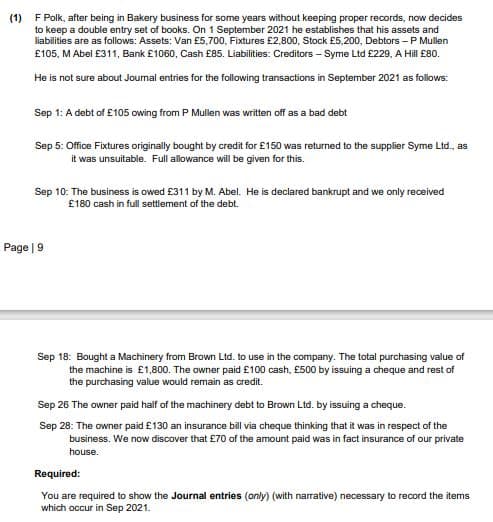 F Polk, after being in Bakery business for some years without keeping proper records, now decides
to keep a double entry set of books. On 1 September 2021 he establishes that his assets and
liabilities are as follows: Assets: Van £5,700, Fixtures £2,800, Stock £5,200, Debtors -P Mullen
£105, M Abel £311, Bank £1060, Cash £85. Liabilities: Creditors - Syme Ltd £229, A Hill £80.
(1)
He is not sure about Journal entries for the following transactions in September 2021 as follows:
Sep 1: A debt of £105 owing from P Mullen was written off as a bad debt
Sep 5: Office Fixtures originally bought by credit for £150 was returned to the supplier Syme Ltd., as
it was unsuitable. Full allowance will be given for this.
Sep 10: The business is owed £311 by M. Abel. He is declared bankrupt and we only received
£180 cash in full settlement of the debt.
Page | 9
Sep 18: Bought a Machinery from Brown Ltd. to use in the company. The total purchasing value of
the machine is £1,800. The owner paid £100 cash, £500 by issuing a cheque and rest of
the purchasing value would remain as credit.
Sep 26 The owner paid half of the machinery debt to Brown Ltd. by issuing a cheque.
Sep 28: The owner paid £130 an insurance bill via cheque thinking that it was in respect of the
business. We now discover that £70 of the amount paid was in fact insurance of our private
house.
Required:
You are required to show the Journal entries (only) (with narrative) necessary to record the items
which occur in Sep 2021.
