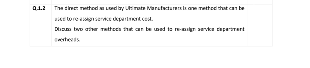 Q.1.2
The direct method as used by Ultimate Manufacturers is one method that can be
used to re-assign service department cost.
Discuss two other methods that can be used to re-assign service department
overheads.