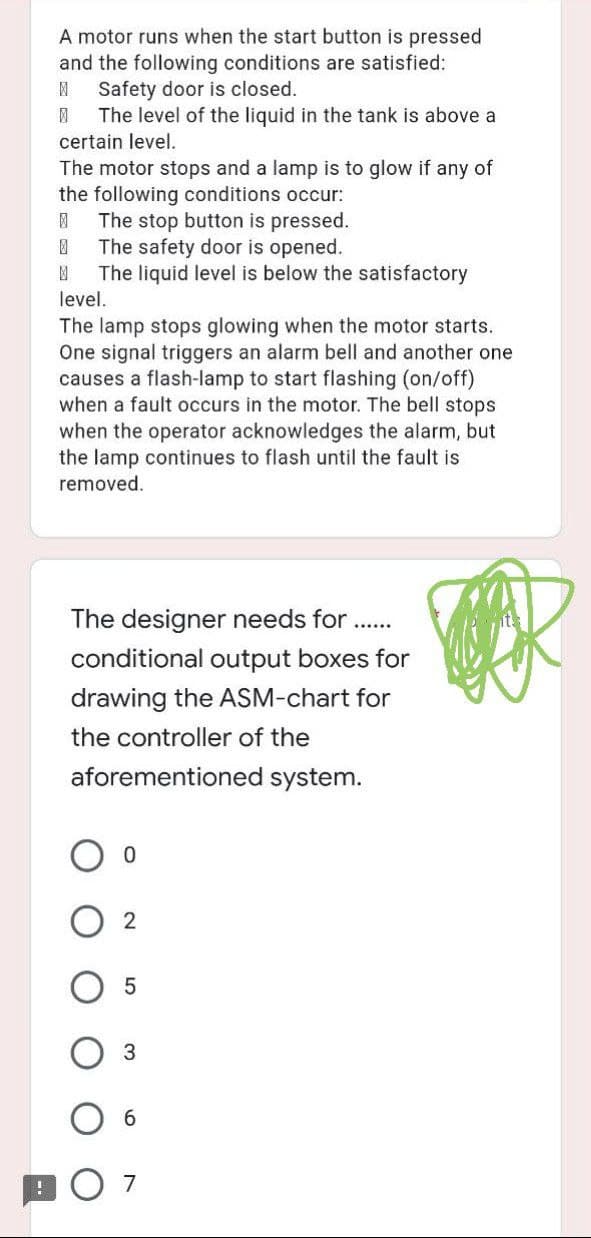 A motor runs when the start button is pressed
and the following conditions are satisfied:
M Safety door is closed.
风 The level of the liquid in the tank is above a
certain level.
The motor stops and a lamp is to glow if any of
the following conditions occur:
风 The stop button is pressed.
1
The safety door is opened.
M
The liquid level is below the satisfactory
level.
The lamp stops glowing when the motor starts.
One signal triggers an alarm bell and another one
causes a flash-lamp to start flashing (on/off)
when a fault occurs in the motor. The bell stops
when the operator acknowledges the alarm, but
the lamp continues to flash until the fault is
removed.
The designer needs for
conditional output boxes for
drawing the ASM-chart for
the controller of the
aforementioned system.
0
2
5
3
6
07