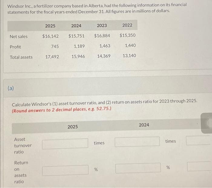 Windsor Inc., a fertilizer company based in Alberta, had the following information on its financial
statements for the fiscal years ended December 31. All figures are in millions of dollars.
Net sales
Profit
Total assets
(a)
Asset
turnover
ratio
2025
Return
on
assets.
ratio
$16,142
745
17,492
2024
$15,751
1,189
15,946
2023
2022
$16,884 $15,350
1,463
1,440
14,369
Calculate Windsor's (1) asset turnover ratio, and (2) return on assets ratio for 2023 through 2025.
(Round answers to 2 decimal places, e.g. 52.75.)
2025
times
13,140
%
2024
times
%