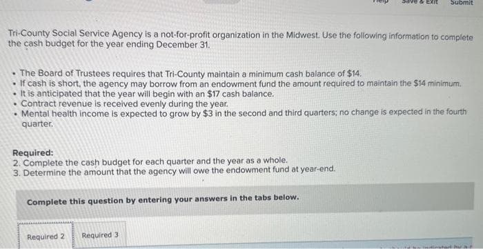 Tri-County Social Service Agency is a not-for-profit organization in the Midwest. Use the following information to complete
the cash budget for the year ending December 31.
The Board of Trustees requires that Tri-County maintain a minimum cash balance of $14.
If cash is short, the agency may borrow from an endowment fund the amount required to maintain the $14 minimum.
• It is anticipated that the year will begin with an $17 cash balance.
.
Contract revenue is received evenly during the year.
Mental health income is expected to grow by $3 in the second and third quarters; no change is expected in the fourth
quarter.
.
Required:
2. Complete the cash budget for each quarter and the year as a whole.
3. Determine the amount that the agency will owe the endowment fund at year-end.
Complete this question by entering your answers in the tabs below.
Save & EXIT Submit
Required 2
Required 3:
