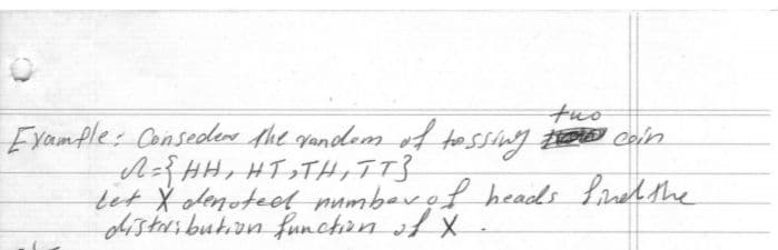 tho
Eyample: Conseder the grandem of tossing t coin
A=3HH, HT,THI TT}
tet X olmotect numbevof heads fined the
distaibution funchin fX
