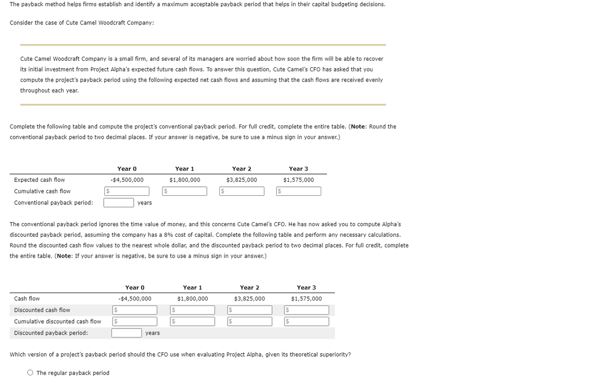 The payback method helps firms establish and identify a maximum acceptable payback period that helps in their capital budgeting decisions.
Consider the case of Cute Camel Woodcraft Company:
Cute Camel Woodcraft Company is a small firm, and several of its managers are worried about how soon the firm will be able to recover
its initial investment from Project Alpha's expected future cash flows. To answer this question, Cute Camel's CFO has asked that you
compute the project's payback period using the following expected net cash flows and assuming that the cash flows are received evenly
throughout each year.
Complete the following table and compute the project's conventional payback period. For full credit, complete the entire table. (Note: Round the
conventional payback period to two decimal places. If your answer is negative, be sure to use a minus sign in your answer.)
Expected cash flow
Cumulative cash flow
Conventional payback period:
|$
Cash flow
Discounted cash flow
Cumulative discounted cash flow
Discounted payback period:
Year 0
-$4,500,000
O The regular payback period
years
Year 0
-$4,500,000
$
$
$
years
Year 1
$1,800,000
The conventional payback period ignores the time value of money, and this concerns Cute Camel's CFO. He has now asked you to compute Alpha's
discounted payback period, assuming the company has a 8% cost of capital. Complete the following table and perform any necessary calculations.
Round the discounted cash flow values to the nearest whole dollar, and the discounted payback period to two decimal places. For full credit, complete
the entire table. (Note: If your answer is negative, be sure to use a minus sign in your answer.)
$
$
$
Year 1
$1,800,000
Year 2
$3,825,000
$
$
$
Year 2
$3,825,000
Year 3
$1,575,000
$
$
Year 3
$1,575,000
Which version of a project's payback period should the CFO use when evaluating Project Alpha, given its theoretical superiority?