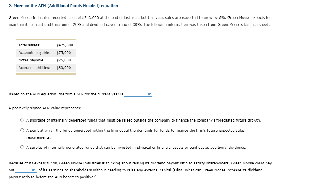 2. More on the AFN (Additional Funds Needed) equation
Green Moose Industries reported sales of $743,000 at the end of last year, but this year, sales are expected to grow by 6%. Green Moose expects to
maintain its current profit margin of 20% and dividend payout ratio of 30%. The following information was taken from Green Moose's balance sheet:
Total assets:
Accounts payable:
Notes payable:
Accrued liabilities:
$425,000
$75,000
$25,000
$60,000
Based on the AFN equation, the firm's AFN for the current year is
A positively signed AFN value represents:
O A shortage of internally generated funds that must be raised outside the company to finance the company's forecasted future growth.
O A point at which the funds generated within the firm equal the demands for funds to finance the firm's future expected sales
requirements.
O A surplus of internally generated funds that can be invested in physical or financial assets or paid out as additional dividends.
Because of its excess funds, Green Moose Industries is thinking about raising its dividend payout ratio to satisfy shareholders. Green Moose could pay
out
of its earnings to shareholders without needing to raise any external capital. (Hint: What can Green Moose increase its dividend
payout ratio to before the AFN becomes positive?)