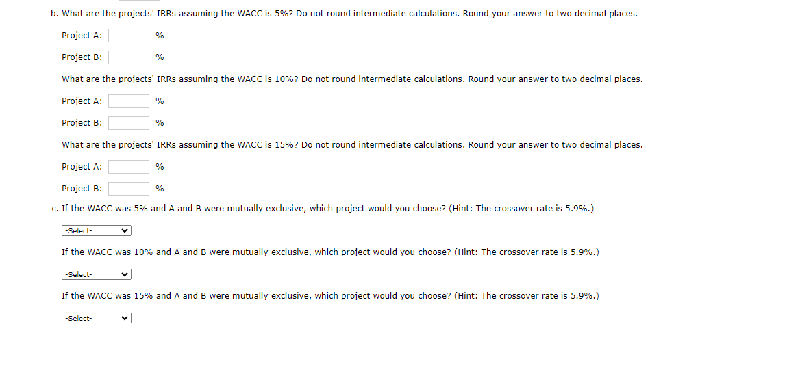 b. What are the projects' IRRs assuming the WACC is 5%? Do not round intermediate calculations. Round your answer to two decimal places.
Project A:
Project B:
What are the projects' IRRS assuming the WACC is 10%? Do not round intermediate calculations. Round your answer to two decimal places.
Project A:
Project B:
What are the projects' IRRs assuming the WACC is 15%? Do not round intermediate calculations. Round your answer to two decimal places.
Project A:
Project B:
c. If the WACC was 5% and A and B were mutually exclusive, which project would you choose? (Hint: The crossover rate is 5.9%.)
-Select-
-Select-
%
%
-Select-
%
%
%
If the WACC was 10% and A and B were mutually exclusive, which project would you choose? (Hint: The crossover rate is 5.9%.)
%
If the WACC was 15% and A and B were mutually exclusive, which project would you choose? (Hint: The crossover rate is 5.9%.)