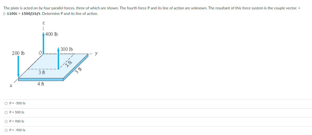 The plate is acted on by four parallel forces, three of which are shown. The fourth force P and its line of action are unknown. The resultant of this force system is the couple vector. =
(-1100i + 1500J)lbft. Determine P and its line of action.
200 lb
X
O P = -500 lb
O P = 500 lb
O P = 900 lb
O P = -900 lb
O
Z
400 lb
3 ft
4 ft
300 lb
2 ft
3 ft
y