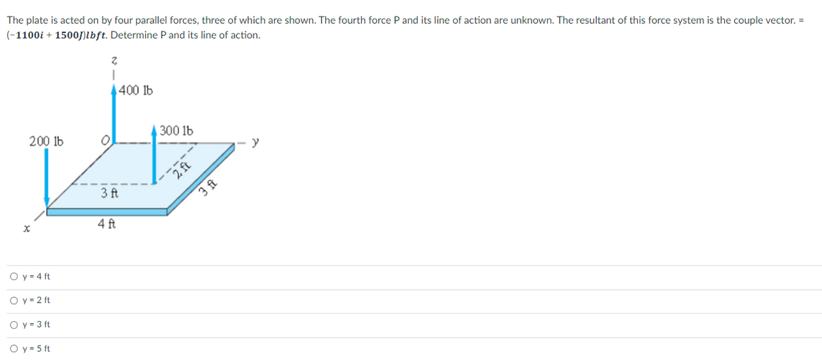 The plate is acted on by four parallel forces, three of which are shown. The fourth force P and its line of action are unknown. The resultant of this force system is the couple vector. =
(-1100i + 1500J)lbft. Determine P and its line of action.
400 lb
300 lb
200 lb
O
L
3 ft
4 ft
X
O y = 4 ft
Oy=2 ft
2,
Oy=3 ft
O y = 5 ft
3 ft
y