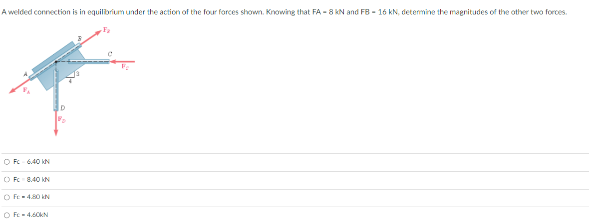 A welded connection is in equilibrium under the action of the four forces shown. Knowing that FA = 8 kN and FB = 16 kN, determine the magnitudes of the other two forces.
Fg
A
FA
O Fc 6.40 kN
O Fc = 8.40 kN
O Fc 4.80 KN
O Fc 4.60kN
D
FD
C
Fc