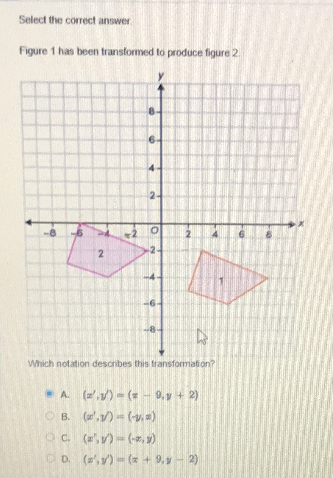 Select the correct answer.
Figure 1 has been transformed to produce figure 2.
kup
2
OB.
OC.
D.
-N
TO
10
चं
O
CO
N
4
Which notation describes this transformation?
A. (x, y) = (-9, y + 2)
(', y) = (-y, =)
(z.v) = (x,y)
(z',y) = (+ 9,y - 2)
GAL