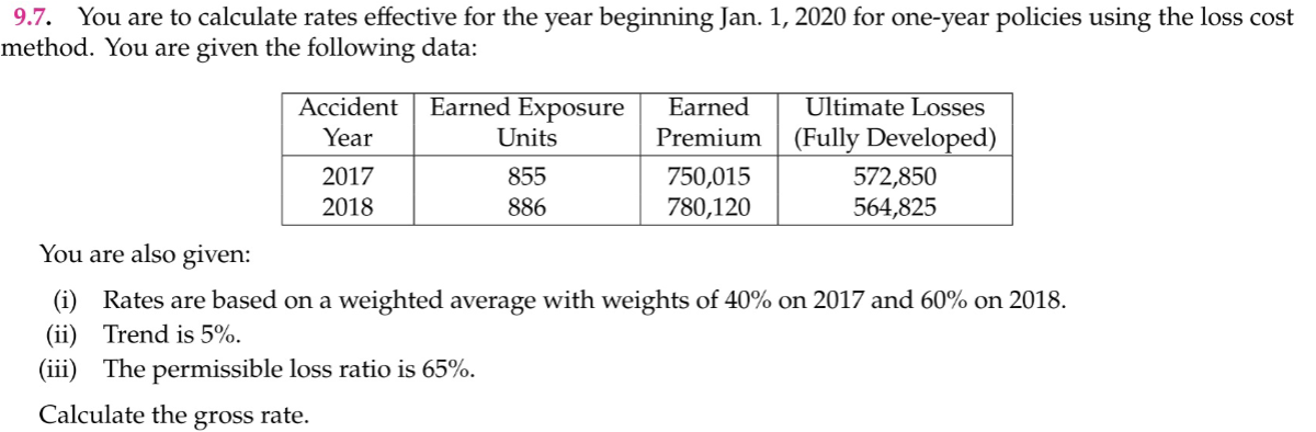 9.7.
You are to calculate rates effective for the year beginning Jan. 1, 2020 for one-year policies using the loss cost
method. You are given the following data:
Earned Exposure
Units
Accident
Earned
Ultimate Losses
Year
Premium
(Fully Developed)
750,015
780,120
2017
855
572,850
564,825
2018
886
You are also given:
(i) Rates are based on a weighted average with weights of 40% on 2017 and 60% on 2018.
(ii) Trend is 5%.
(iii) The permissible loss ratio is 65%.
Calculate the gross rate.
