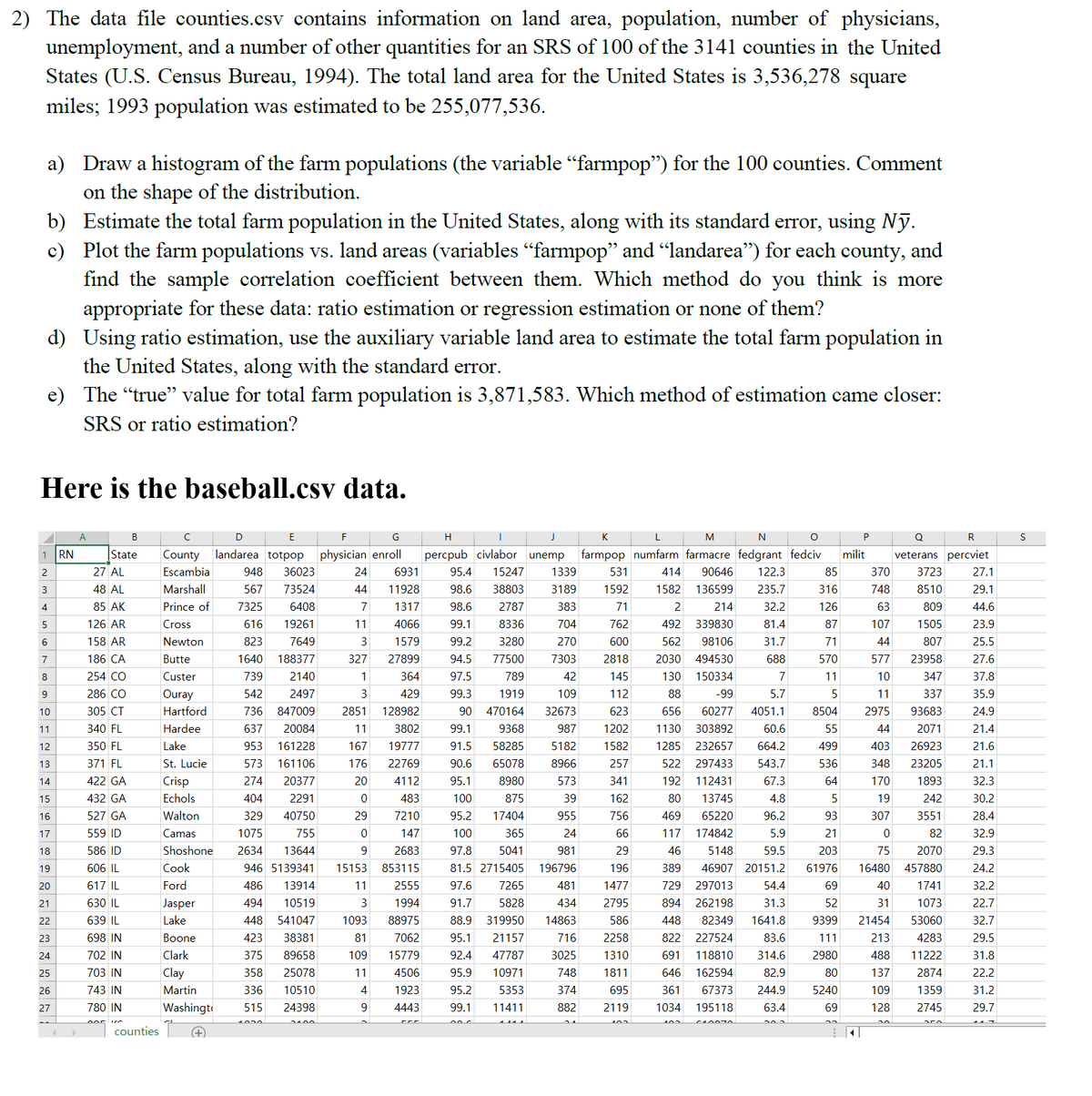 2) The data file counties.csv contains information on land area, population, number of physicians,
unemployment, and a number of other quantities for an SRS of 100 of the 3141 counties in the United
States (U.S. Census Bureau, 1994). The total land area for the United States is 3,536,278 square
miles; 1993 population was estimated to be 255,077,536.
a) Draw a histogram of the farm populations (the variable “farmpop") for the 100 counties. Comment
on the shape of the distribution.
b) Estimate the total farm population in the United States, along with its standard error, using Nỹ.
c) Plot the farm populations vs. land areas (variables “farmpop” and “landarea”) for each county, and
find the sample correlation coefficient between them. Which method do you think is more
appropriate for these data: ratio estimation or regression estimation or none of them?
d) Using ratio estimation, use the auxiliary variable land area to estimate the total farm population in
the United States, along with the standard error.
e) The “true” value for total farm population is 3,871,583. Which method of estimation came closer:
SRS or ratio estimation?
Here is the baseball.csv data.
A
B
1 RN
State
2
27 AL
3
48 AL
C
County
Escambia
Marshall
D
E
F
G
H
L
M
N
P
Q
R
S
landarea totpop physician enroll
percpub civlabor unemp
948 36023
24
567
73524
44
6931
11928
95.4 15247
1339
531
414
farmpop numfarm farmacre fedgrant fedciv
90646 122.3
milit
veterans percviet
85
370
3723
27.1
98.6 38803
3189
1592
1582
136599
235.7
316
748
8510
29.1
4
85 AK
Prince of
7325
6408
7
1317
98.6
2787
383
71
2
214
32.2
126
63
809
44.6
5
126 AR
Cross
616 19261
11
4066
99.1
8336
704
762
492
339830
81.4
87
107
1505
23.9
6
158 AR
Newton
7
186 CA
Butte
823
1640 188377
7649
3
1579
99.2
3280
270
600
562
98106
31.7
71
44
807
25.5
327
27899
94.5
77500
7303
2818
2030 494530
688
570
577
23958
27.6
8
254 CO
Custer
9
286 CO
10
305 CT
Ouray
Hartford
739
542
736 847009
2140
1
364
97.5
789
42
145
2497
3
429
99.3
1919
109
112
2851
11
340 FL
Hardee
637 20084
12
350 FL
Lake
953 161228
13
371 FL
St. Lucie
573 161106
14
422 GA
Crisp
274
20377
15
432 GA
Echols
16
527 GA
Walton
17
559 ID
18
586 ID
404
329 40750
Camas
1075 755
Shoshone 2634 13644
2291
ུ རྞྞ ༦ ༤༠ ° གླ°
128982
90 470164
32673
623
130
88
656 60277
150334
-99
7
11
10
347
37.8
5.7
5
11
337
35.9
4051.1
8504
2975
93683
24.9
11
167
3802
19777
99.1
91.5 58285
9368
987
1202
1130 303892
60.6
55
44
2071
21.4
5182
1582
1285 232657
664.2
499
403
26923
21.6
176 22769
90.6
65078
8966
257
522 297433
543.7
536
348
23205
21.1
20
4112
95.1
8980
573
341
192 112431
67.3
64
170
1893
32.3
483
100
875
39
162
80 13745
4.8
5
19
242
30.2
29
7210
95.2
17404
955
756
469
65220
96.2
93
307
3551
28.4
0
147
100
365
24
66
117
174842
5.9
21
0
82
32.9
9
2683
97.8
5041
981
29
46
5148
59.5
203
75
2070
29.3
19
606 IL
20
617 IL
Cook
Ford
946 5139341
486 13914
15153
11
853115
81.5 2715405
196796
196
389
46907 20151.2
61976
16480
457880
24.2
2555
97.6
7265
481
1477
729 297013
54.4
69
40
1741
32.2
21
630 IL
Jasper
494 10519
3
1994
91.7
5828
434
2795
894 262198
31.3
52
31
1073
22.7
22
639 IL
Lake
23
698 IN
24
702 IN
Boone
Clark
25
703 IN
Clay
26
743 IN
27
780 IN
Martin
Washingt
448 541047
423
38381
375 89658
358 25078
336
515 24398
1093 88975
88.9
319950
14863
586
448 82349 1641.8
9399
21454 53060
32.7
81
7062
95.1
21157
716
2258
822 227524
83.6
111
213
4283
29.5
109
15779
92.4
47787
3025
1310
691 118810
314.6
2980
488
11222
31.8
11
4506
95.9
10971
748
1811
646 162594
82.9
80
137
2874
22.2
10510
4
1923
95.2
5353
374
695
9
4443
99.1 11411
882
2119
361 67373
1034 195118
244.9
5240
109
1359
31.2
63.4
69
128
2745
29.7
counties
+
་|