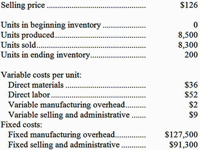 Selling price .
$126
Units in beginning inventory.
Units produced...
Units sold..
8,500
8,300
200
Units in ending inventory..
Variable costs per unit:
Direct materials .
Direct labor.
Variable manufacturing overhead...
Variable selling and administrative.
Fixed costs:
Fixed manufacturing overhead. .
Fixed selling and administrative .
$36
$52
$2
$9
$127,500
$91,300
