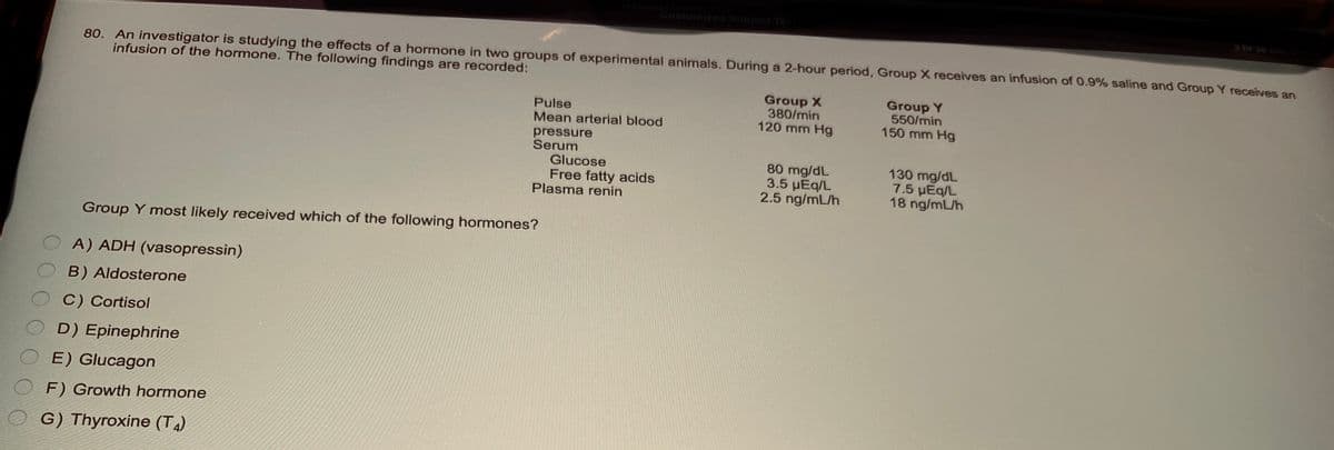 80. An investigator is studying the effects of a hormone in two groups of experimental animals. During a 2-hour period, Group X receives an infusion of 0.9% saline and Group Y receives an
infusion of the hormone. The following findings are recorded:
Customized Subject Test
Pulse
Mean arterial blood
pressure
Serum
Glucose
Free fatty acids
Plasma renin
Group Y most likely received which of the following hormones?
A) ADH (vasopressin)
B) Aldosterone
C) Cortisol
D) Epinephrine
E) Glucagon
F) Growth hormone
G) Thyroxine (T4)
Group X
380/min
120 mm Hg
80 mg/dL
3.5 µEq/L
2.5 ng/mL/h
Group Y
550/min
150 mm Hg
130 mg/dL
7.5 mEq/L
18 ng/mL/h