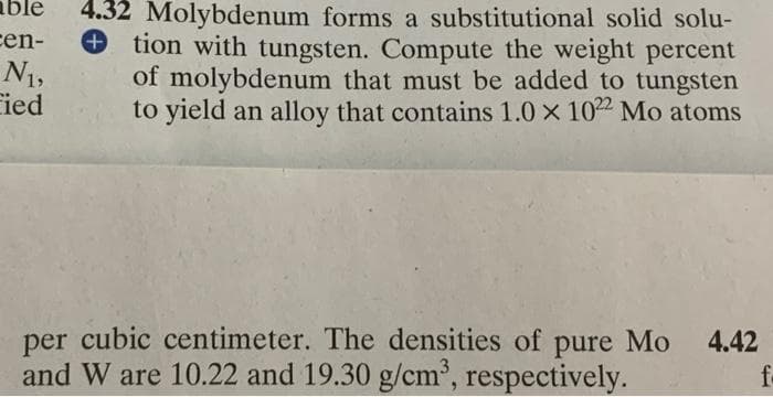 able
4.32 Molybdenum forms a substitutional solid solu-
een-
+tion with tungsten. Compute the weight percent
N1,
of molybdenum that must be added to tungsten
Fied
to yield an alloy that contains 1.0 x 102 Mo atoms
per cubic centimeter. The densities of pure Mo
and W are 10.22 and 19.30 g/cm', respectively.
4.42
f-
