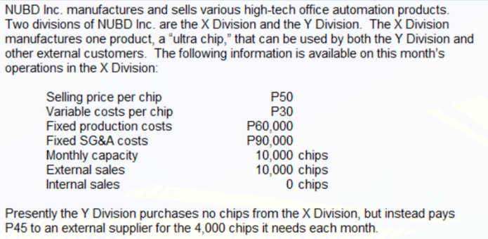 NUBD Inc. manufactures and sells various high-tech office automation products.
Two divisions of NUBD Inc. are the X Division and the Y Division. The X Division
manufactures one product, a "ultra chip," that can be used by both the Y Division and
other external customers. The following information is available on this month's
operations in the X Division:
Selling price per chip
Variable costs per chip
Fixed production costs
Fixed SG&A costs
P50
P30
P60,000
P90,000
10,000 chips
10,000 chips
0 chips
Monthly capacity
External sales
Internal sales
Presently the Y Division purchases no chips from the X Division, but instead pays
P45 to an external supplier for the 4,000 chips it needs each month.
